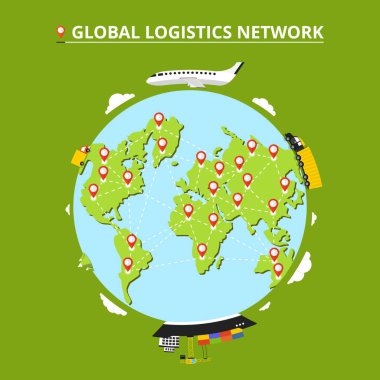 Global lojistik ağı. İcons set: kamyon, van, uçak, kargo gemisi. Nakliye dünya üzerinde. Düz vektör çizim. 