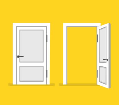 Kapılar açık ve kapalı. Düz çizgi film tarzı. Vektör çizim. 