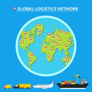 Global lojistik ağı. İcons set: kamyon, van, uçak, kargo gemisi. Nakliye dünya üzerinde. Düz vektör çizim. 