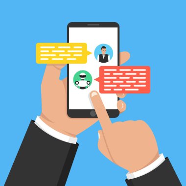 Sohbet etmek kavramı. Kullanıcı sohbet bot smartphone cep telefonu ile sohbet. Kullanıcı konuşmak ile bot içinde haberci. Vektör çizim.