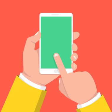 Akıllı telefon tutarak ve ekran dokunaklı el. Vektör çizim. 