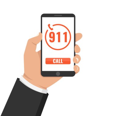 Acil arama 911 kavramı. Acil durum numarası 911'i üstünde belgili tanımlık perde ile cep telefonu tutan el. Vektör çizim. 