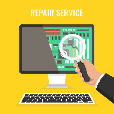 Bilgisayar tamir, hizmet. El Büyüteç tutarak ve arızalar için arıyorum. Vektör çizim. 