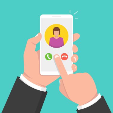 Smartphone ekran gelen arama. Bir yandan dokunmatik ekran smartphone ve parmak tutar. Kadın avatar. Vektör çizim. 