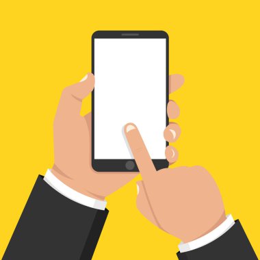 Akıllı telefon tutarak ve ekran dokunaklı el. Vektör çizim.