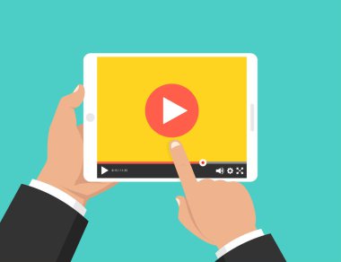 Tablet tutarak ve ekran dokunmadan eller. Ekranda video oynatıcı. Vektör çizim.