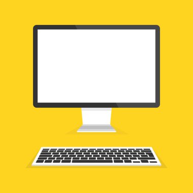 Modern düz ekran bilgisayar monitörü ile klavye. Beyaz arka plan üzerinde izole bilgisayar. Vektör çizim.