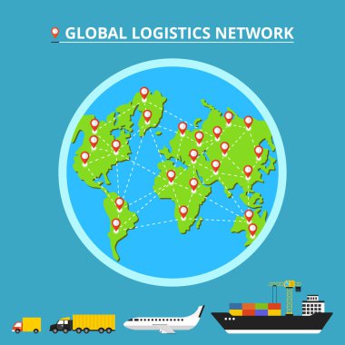Global lojistik ağı. İcons set: kamyon, van, uçak, kargo gemisi. Nakliye dünya üzerinde. Düz vektör çizim. 