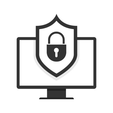 Bilgisayar güvenlik kavramı. Bilgisayar kilit üstünde belgili tanımlık perde. Düz çizgi film tarzı. Vektör çizim.