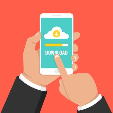 Dosya, bilgi kavramı indiriyor. Akıllı telefon tutarak ve ekran dokunaklı el. Vektör çizim.