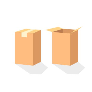 İki izometrik karton kutular izole kümesi. Açık ve kapalı karton kutular ayarlayın. Vektör çizim.