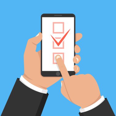 Smartphone ekranında liste düğmesini kontrol edin. Bir yandan dokunmatik ekran smartphone ve parmak tutar. Vektör çizim.