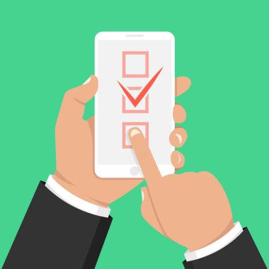 Smartphone ekranında liste düğmesini kontrol edin. Bir yandan dokunmatik ekran smartphone ve parmak tutar. Vektör çizim.