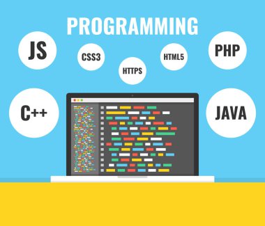 Programlama, web geliştirme kavramı. Ekran bilgisayarda kod. İş yerinde. Vektör çizim. Mavi arka plan