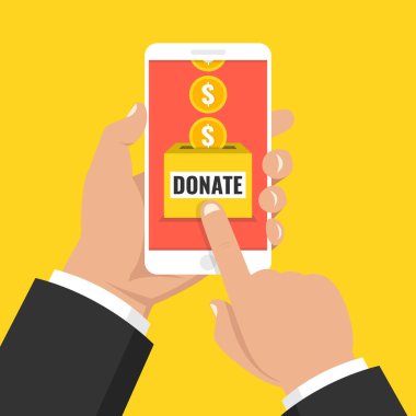 Online kavramı bağış yapın. Holding smartphone ile altın el ve bağış kutusu ekranda. Vektör çizim. 