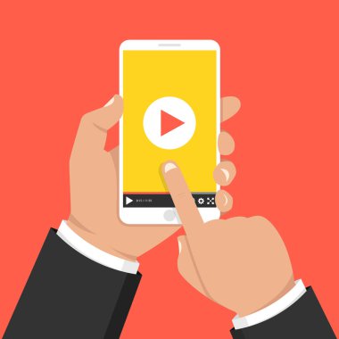 Tablet tutarak ve ekran dokunmadan eller. Ekranda video oynatıcı. Vektör çizim.