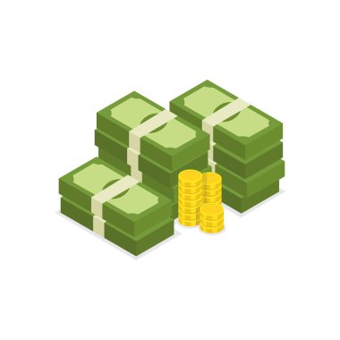 Büyük yığılmış Doları yığın nakit ve altın. Yüzlerce dolar. Vektör izometrik çizim. 