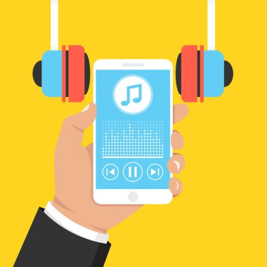 Müzik player uygulaması ekran ve kulaklık ile akıllı telefon. Düz çizgi film tarzı. Vektör çizim. 