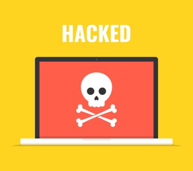Kafatası üstünde belgili tanımlık perde ile dizüstü bilgisayar. Virüs, korsan, Hack ve güvenlik kavramı. Vektör çizim. 