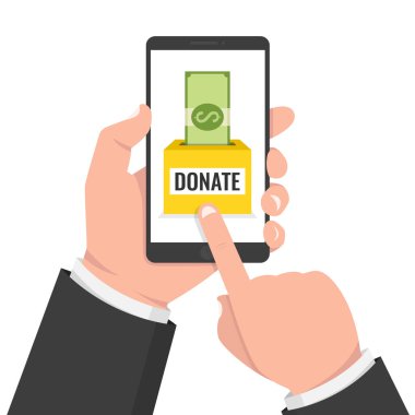 Online kavramı bağış yapın. Holding smartphone Doları para ile el ve bağış kutusu ekranda. Vektör çizim.