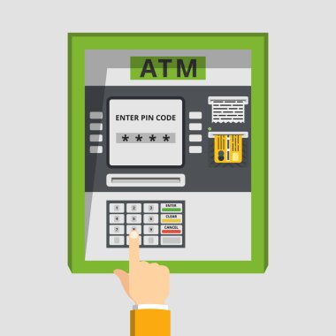 Sokak ATM el ve kredi kartı ile. Düz çizgi film tarzı. Vektör çizim.