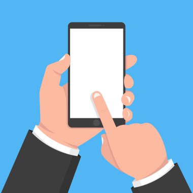 Akıllı telefon tutarak ve ekran dokunaklı el. Vektör çizim. 