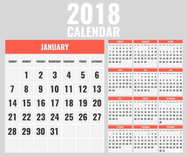 Takvim şablonu 2018 yıl için. Hafta Pazar günü başlar. Vektör çizim.