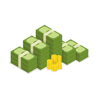 Büyük yığılmış Doları yığın nakit ve altın. Yüzlerce dolar. Vektör izometrik çizim. 