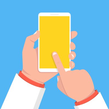 Akıllı telefon tutarak ve ekran dokunaklı el. Vektör çizim. 