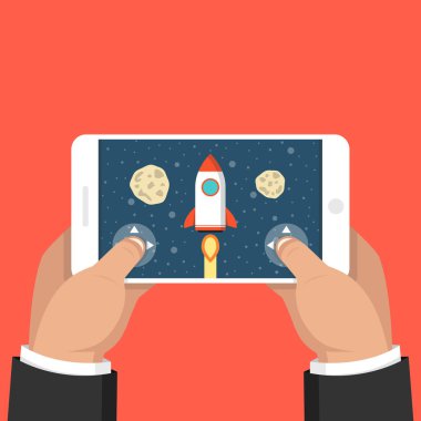 Akıllı telefon tutarak ve roket oyun oynayan adam. Mobil oyun kavramı. Düz çizgi film tarzı. Vektör çizim. kırmızı bir arka plan