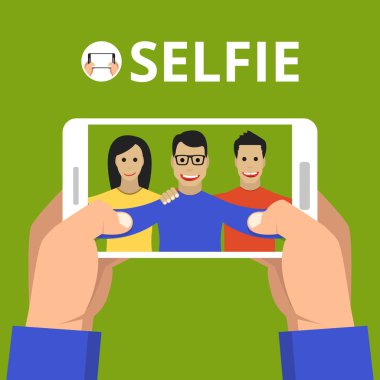 Üstünde belgili tanımlık perde smartphone selfie fotoğraf ile holding adam eller. Vektör düz çizim.
