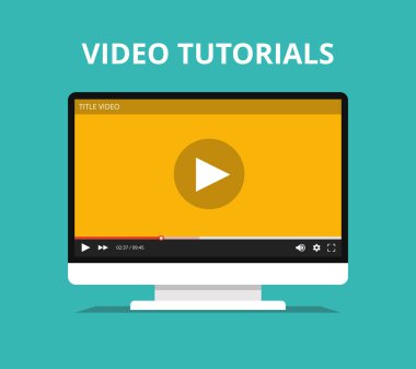 Video eğitimlerini, çalışma ve kavram öğrenme. Online oyuncu üstünde belgili tanımlık perde ile izleyin. Düz vektör çizim.