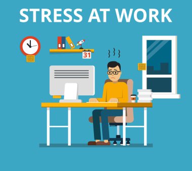 İş kavramı stres. Yorgun ve çok çalışan işadamı ya da ofis işçi masasında oturan. Düz vektör çizim. 