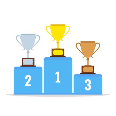 Altın, gümüş ve bronz cups ile kazanan podyum. Düz çizgi film tarzı. Vektör çizim. 