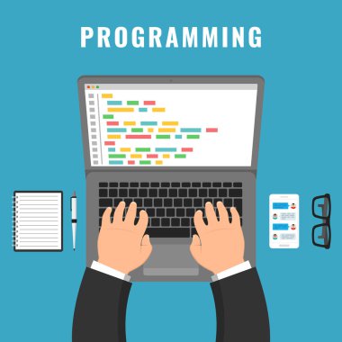 Çalışma Masası dizüstü bilgisayarda kodlama programcı. Ekran dizüstü bilgisayarda kod. Vektör çizim.