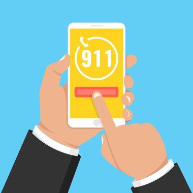 Acil arama 911 kavramı. Acil durum numarası 911'i üstünde belgili tanımlık perde ile cep telefonu tutan el. Vektör çizim. 
