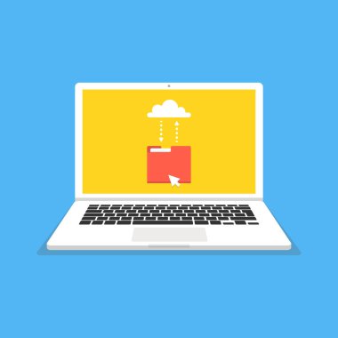 Dizüstü bilgisayar ve ilerleme durum çubuğunu ekranda. Dosya, bilgi kavramı indiriyor. Vektör çizim. 