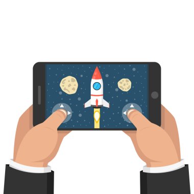 Akıllı telefon tutarak ve roket oyun oynayan adam. Mobil oyun kavramı. Düz çizgi film tarzı. Vektör çizim. Beyaz arka plan