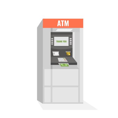 Sokak Atm vezne makinesi bir yuva dışarı yapışmasını ekran ve Doları banknot üzerinde olumlu bir yanıt. Vektör çizim.