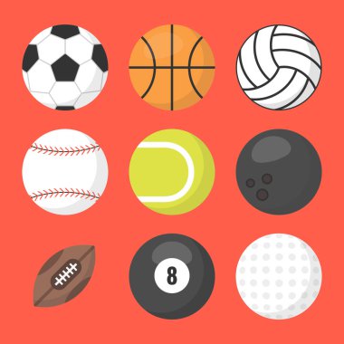 Spor top set vektör. Basketbol, futbol, tenis, futbol, beyzbol, bowling, golf, voleybol. Düz vektör çizim. 