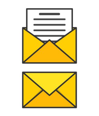 Not kağıt kartı ile açık ve kapalı zarf. Posta simgesi. Vektör çizim.