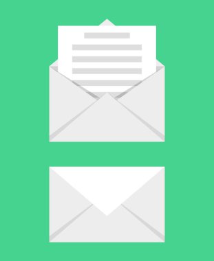 Not kağıt kartı ile açık ve kapalı zarf. Posta simgesi. Vektör çizim.