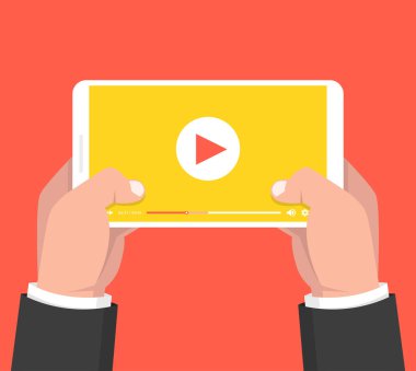 Tablet tutarak ve ekran dokunmadan eller. Ekranda video oynatıcı. Vektör çizim.