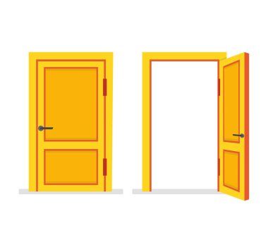 Kapılar açık ve kapalı. Düz çizgi film tarzı. Vektör çizim. 