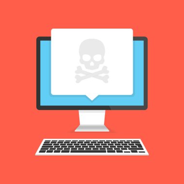 Kafatası üstünde belgili tanımlık perde ile dizüstü bilgisayar. Virüs, korsan, Hack ve güvenlik kavramı. Vektör çizim. 