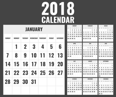 Takvim şablonu 2018 yıl için. Hafta Pazar günü başlar. Vektör çizim.