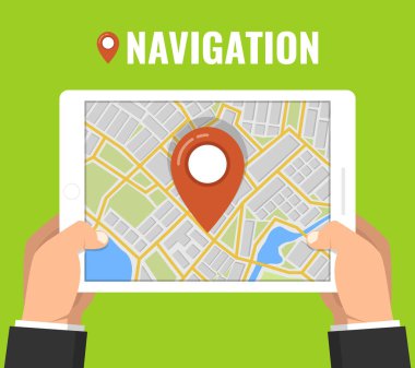 Bir tablet telefon gps navigasyon ile tutan adam. Kavramı doğru yer bulmak için. Düz vektör çizim. 