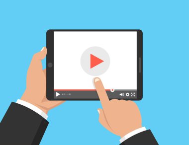 Tablet tutarak ve ekran dokunmadan eller. Ekranda video oynatıcı. Vektör çizim.