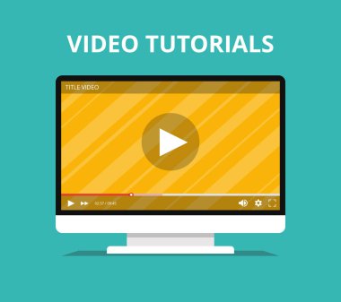 Video eğitimlerini, çalışma ve kavram öğrenme. Online oyuncu üstünde belgili tanımlık perde ile izleyin. Düz vektör çizim.