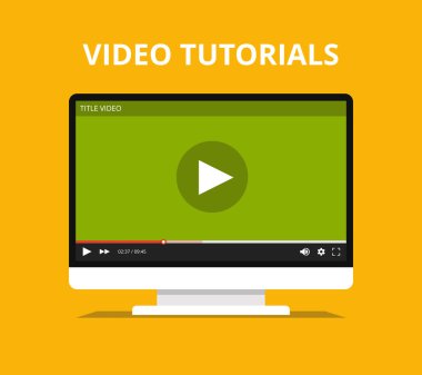 Video eğitimlerini, çalışma ve kavram öğrenme. Online oyuncu üstünde belgili tanımlık perde ile izleyin. Düz vektör çizim.